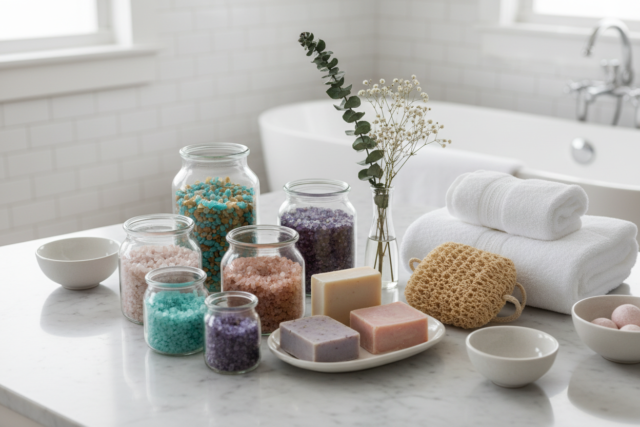 a nice bathroom setting, lots of white and with bath salts and soaps and a sisal sponge 