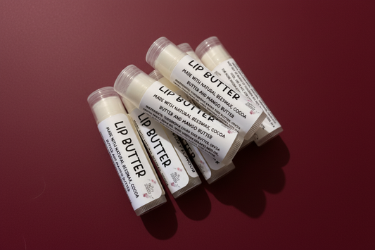 Lip butter products with deep red background